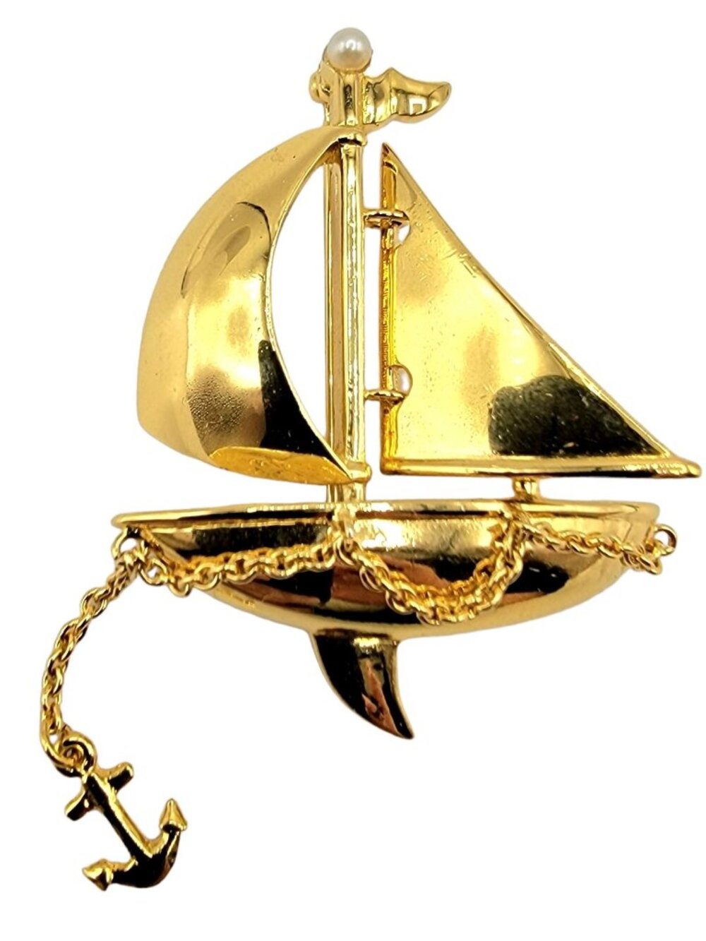 Carolee Gold-Tone Articulated Anchor Faux Pearl Sailboat Charm Brooch, Signed